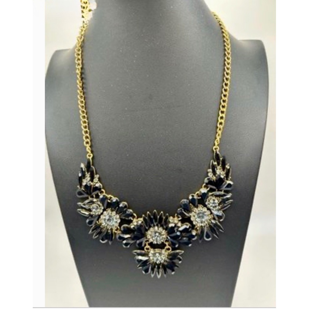 Black Floral Statement Bib Necklace Gold Tone Rhinestone Gothic Glam Runway 18" - Picture 1 of 11
